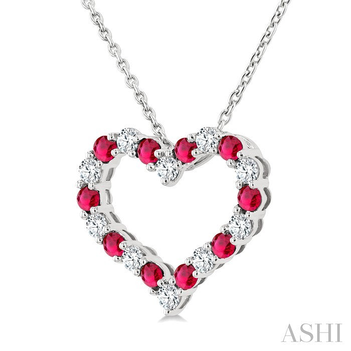 1.80 MM Round Cut Ruby and 1/4 Ctw Open Heart Round Cut Diamond Precious Fashion Pendant With Chain in 14K White Gold