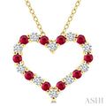 1.80 MM Round Cut Ruby and 1/4 Ctw Open Heart Round Cut Diamond Precious Fashion Pendant With Chain in 14K Yellow Gold