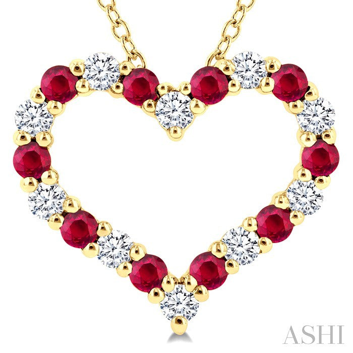 1.80 MM Round Cut Ruby and 1/4 Ctw Open Heart Round Cut Diamond Precious Fashion Pendant With Chain in 14K Yellow Gold