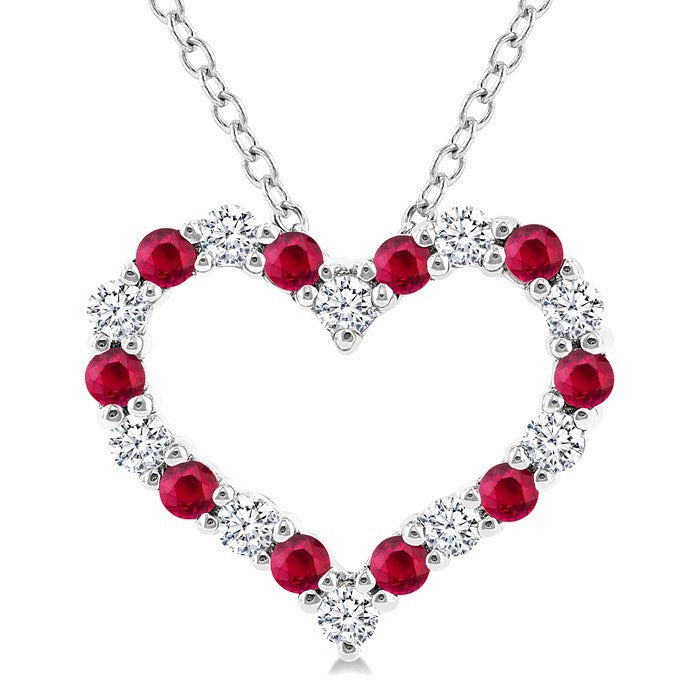 1.4 MM Round Cut Ruby and 1/8 Ctw Open Heart Round Cut Diamond Precious Fashion Pendant With Chain in 14K White Gold