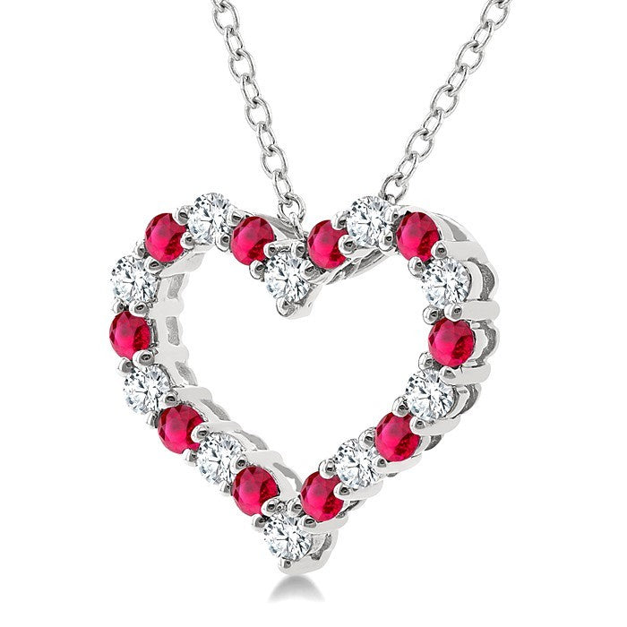 1.4 MM Round Cut Ruby and 1/8 Ctw Open Heart Round Cut Diamond Precious Fashion Pendant With Chain in 14K White Gold