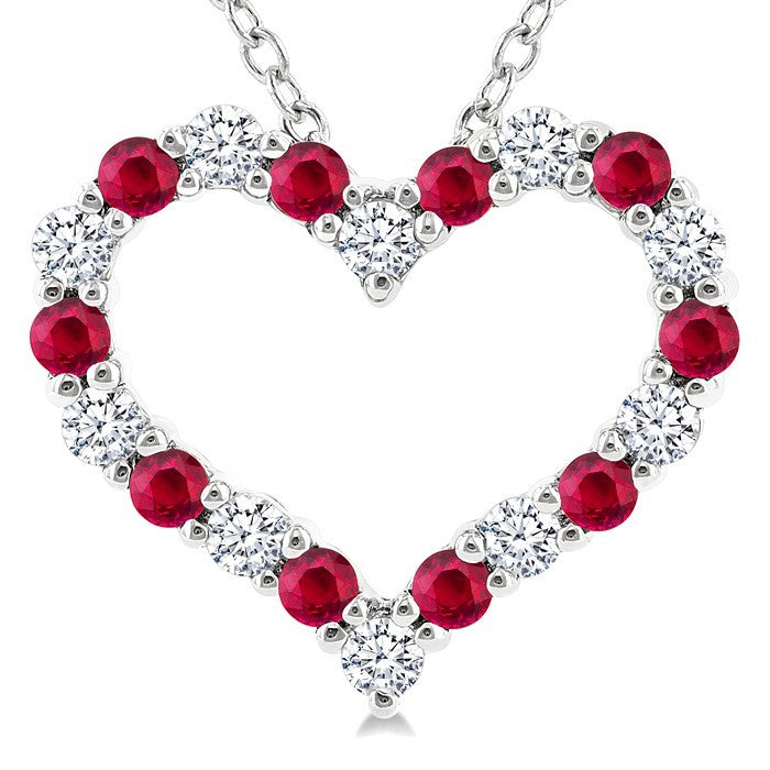 1.4 MM Round Cut Ruby and 1/8 Ctw Open Heart Round Cut Diamond Precious Fashion Pendant With Chain in 14K White Gold