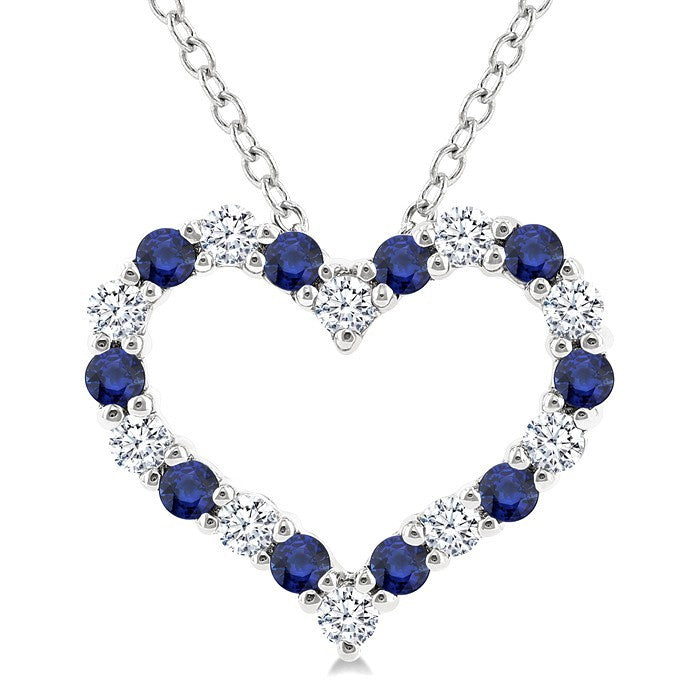 1.4 MM Round Cut Sapphire and 1/8 Ctw Open Heart Round Cut Diamond Precious Fashion Pendant With Chain in 14K White Gold
