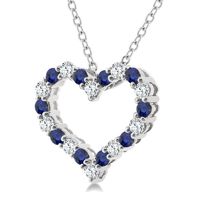 1.4 MM Round Cut Sapphire and 1/8 Ctw Open Heart Round Cut Diamond Precious Fashion Pendant With Chain in 14K White Gold