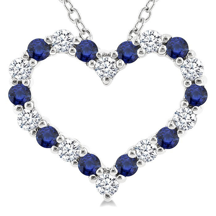 1.4 MM Round Cut Sapphire and 1/8 Ctw Open Heart Round Cut Diamond Precious Fashion Pendant With Chain in 14K White Gold