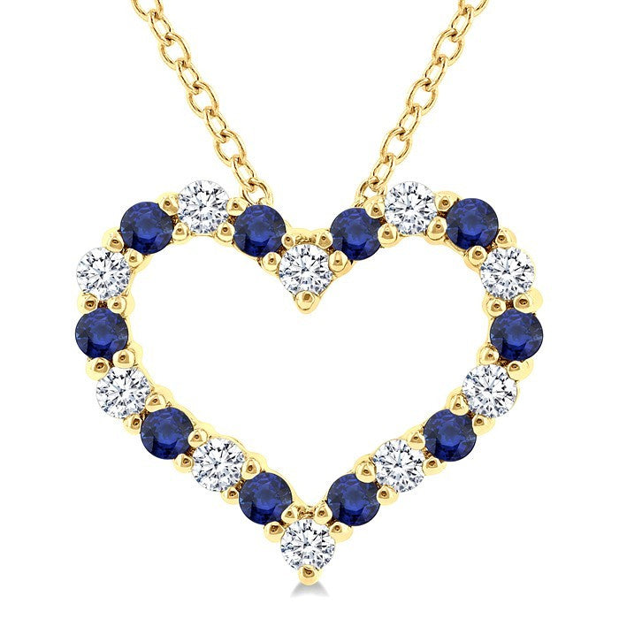 1.4 MM Round Cut Sapphire and 1/8 Ctw Open Heart Round Cut Diamond Precious Fashion Pendant With Chain in 14K Yellow Gold
