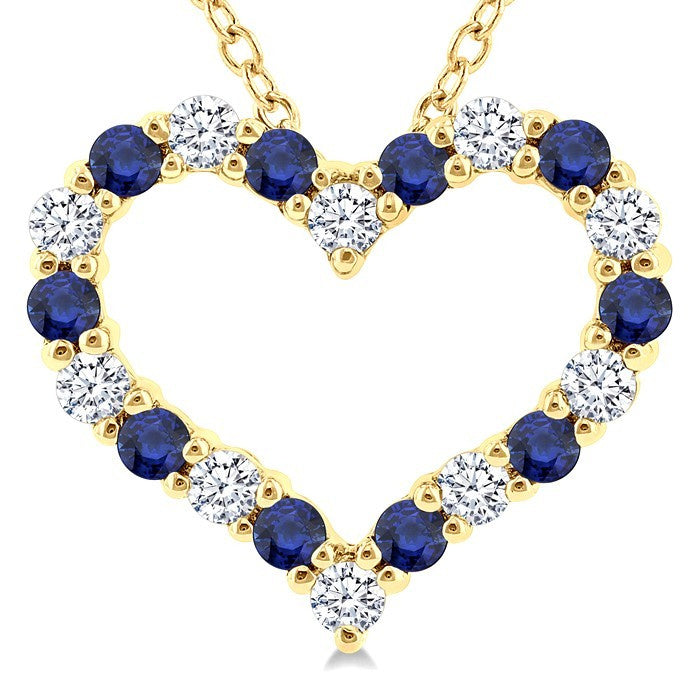 1.4 MM Round Cut Sapphire and 1/8 Ctw Open Heart Round Cut Diamond Precious Fashion Pendant With Chain in 14K Yellow Gold