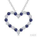 1.4 MM Round Cut Sapphire and 1/8 Ctw Open Heart Round Cut Diamond Precious Fashion Pendant With Chain in 14K White Gold