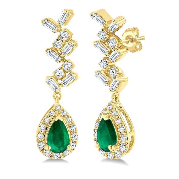 5x3 MM Pear Shape Emerald, 1/3 Ctw Baguette and Round Cut Diamond Halo Precious Earrings in 10K Yellow Gold