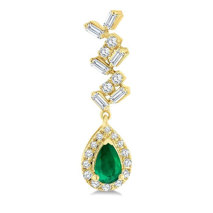 5x3 MM Pear Shape Emerald, 1/3 Ctw Baguette and Round Cut Diamond Halo Precious Earrings in 10K Yellow Gold