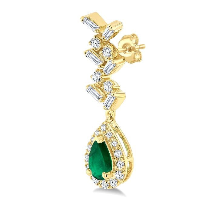 5x3 MM Pear Shape Emerald, 1/3 Ctw Baguette and Round Cut Diamond Halo Precious Earrings in 10K Yellow Gold