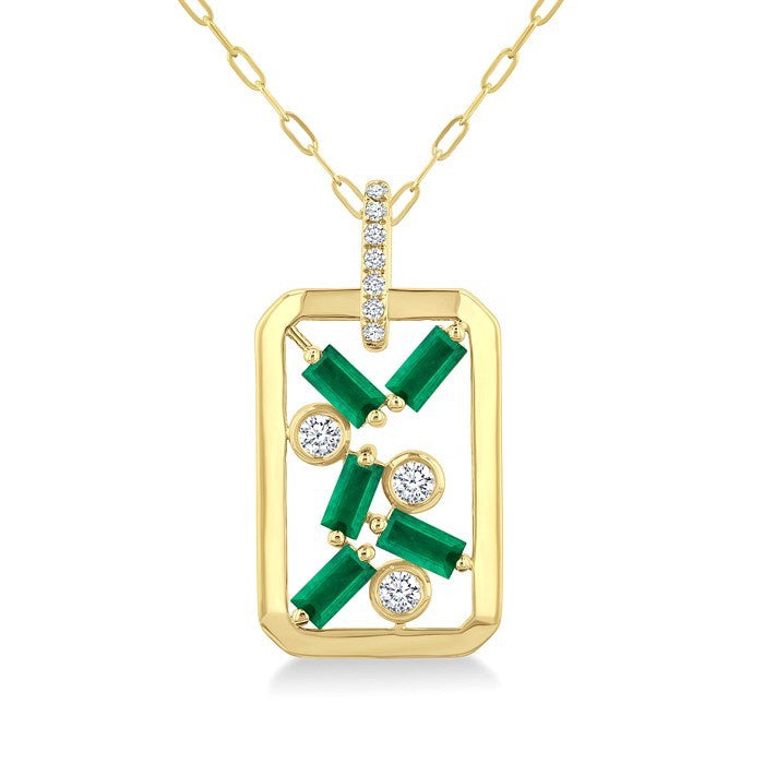 4X2 MM Scatter Baguette Cut Emerald and 1/6 Ctw Round Cut Diamond Precious Fashion Pendant With Chain in 14K Yellow Gold