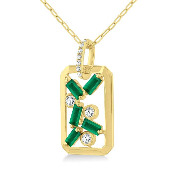 4X2 MM Scatter Baguette Cut Emerald and 1/6 Ctw Round Cut Diamond Precious Fashion Pendant With Chain in 14K Yellow Gold