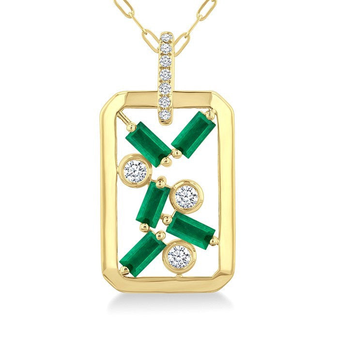 4X2 MM Scatter Baguette Cut Emerald and 1/6 Ctw Round Cut Diamond Precious Fashion Pendant With Chain in 14K Yellow Gold
