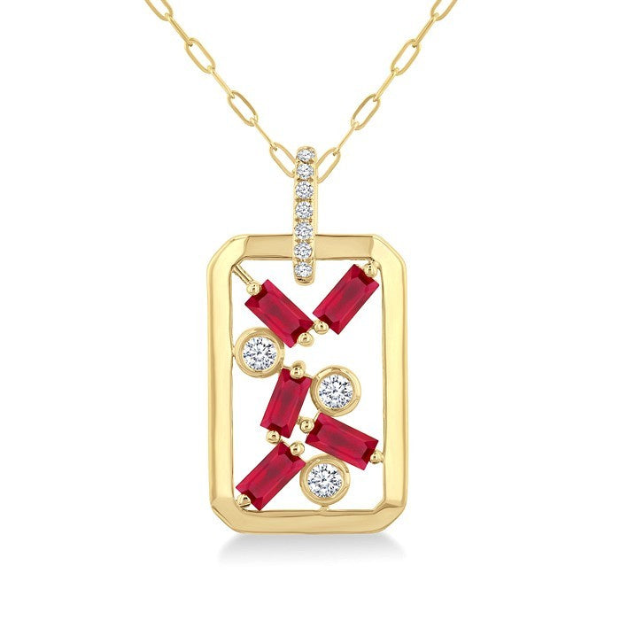 4x2 MM Scatter Baguette Cut Ruby and 1/6 Ctw Round Cut Diamond Precious Fashion Pendant With Chain in 14K Yellow Gold