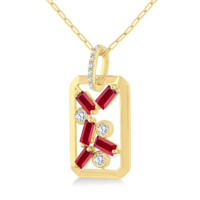 4x2 MM Scatter Baguette Cut Ruby and 1/6 Ctw Round Cut Diamond Precious Fashion Pendant With Chain in 14K Yellow Gold