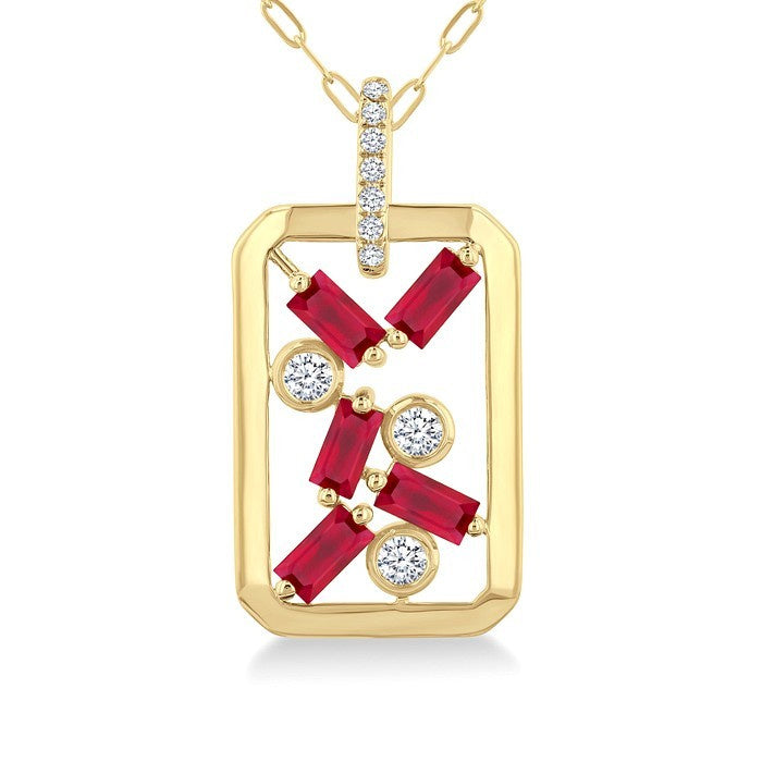 4x2 MM Scatter Baguette Cut Ruby and 1/6 Ctw Round Cut Diamond Precious Fashion Pendant With Chain in 14K Yellow Gold
