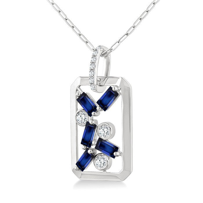 4x2 MM Scatter Baguette Cut Sapphire and 1/6 Ctw Round Cut Diamond Precious Fashion Pendant With Chain in 14K White Gold