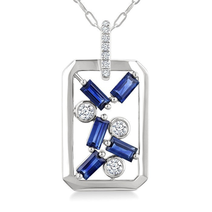 4x2 MM Scatter Baguette Cut Sapphire and 1/6 Ctw Round Cut Diamond Precious Fashion Pendant With Chain in 14K White Gold