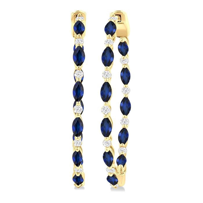 4x2 MM Marquise Cut Sapphire and 3/8 Ctw Round Cut Diamond Precious Inside-Out Hoop Earrings in 14K Yellow Gold