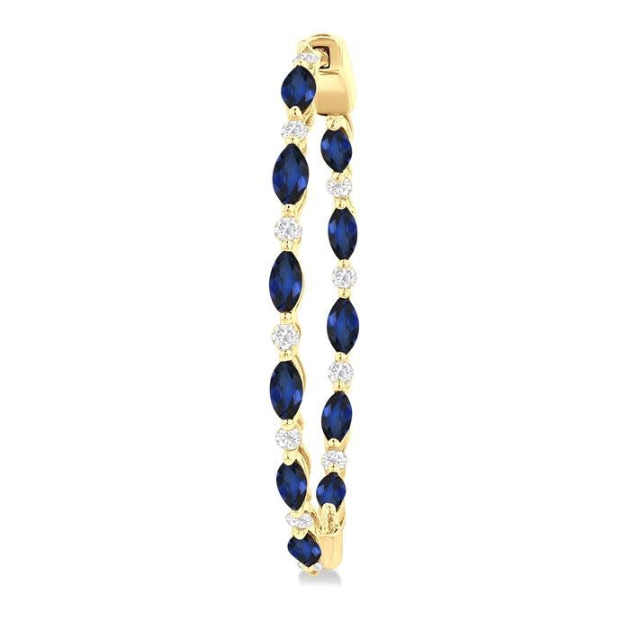 4x2 MM Marquise Cut Sapphire and 3/8 Ctw Round Cut Diamond Precious Inside-Out Hoop Earrings in 14K Yellow Gold