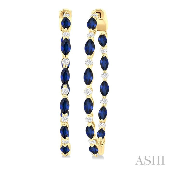 4x2 MM Marquise Cut Sapphire and 3/8 Ctw Round Cut Diamond Precious Inside-Out Hoop Earrings in 14K Yellow Gold