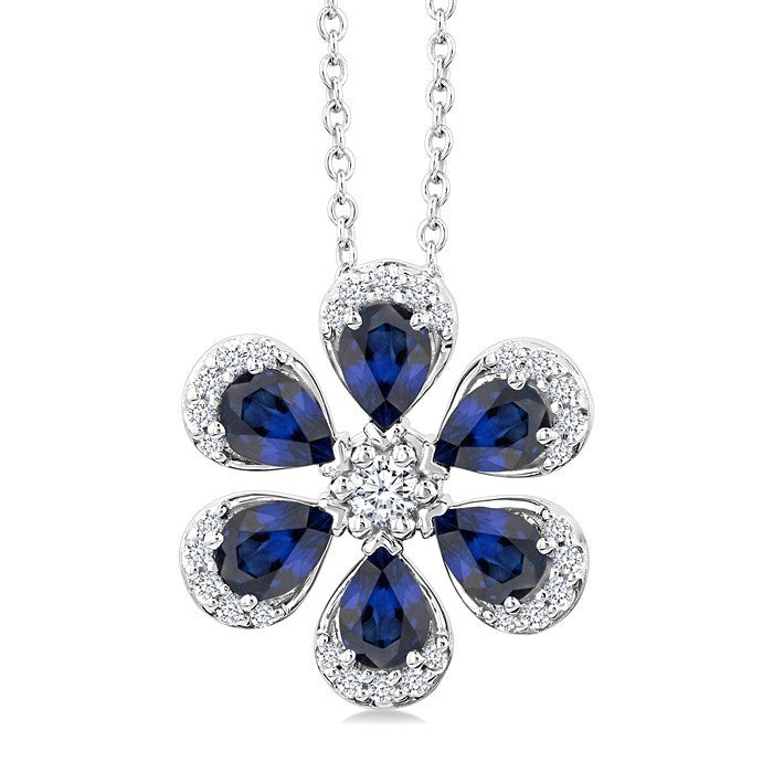 4X3 MM Floral Blossom Pear Cut Sapphire and 1/6 Ctw Round Cut Diamond Precious Pendant With Chain in 14K White Gold