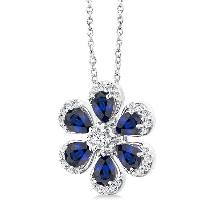 4X3 MM Floral Blossom Pear Cut Sapphire and 1/6 Ctw Round Cut Diamond Precious Pendant With Chain in 14K White Gold