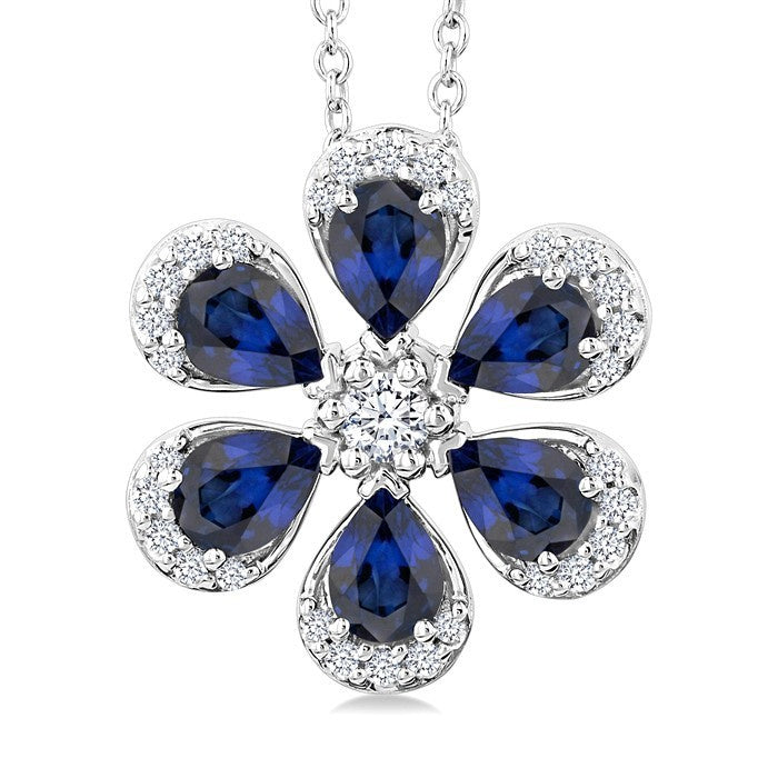 4X3 MM Floral Blossom Pear Cut Sapphire and 1/6 Ctw Round Cut Diamond Precious Pendant With Chain in 14K White Gold