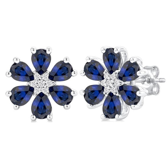 4X3 MM Floral Blossom Pear Cut Sapphire and 1/20 Ctw Round Cut Diamond Precious Stud Earrings in 14K White Gold
