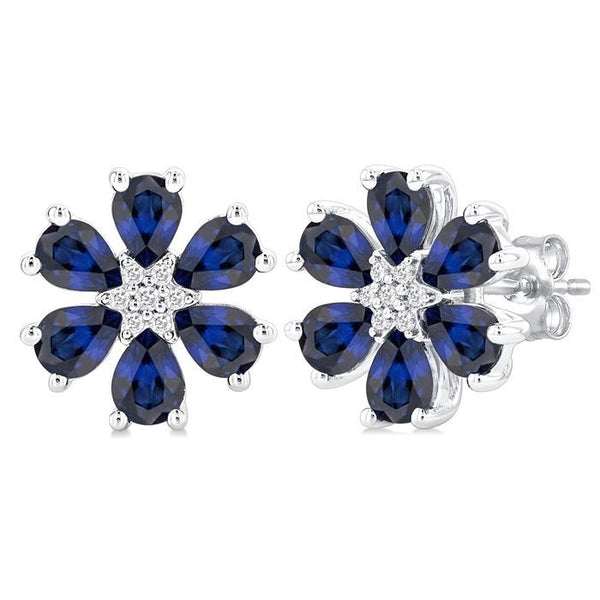 4X3 MM Floral Blossom Pear Cut Sapphire and 1/20 Ctw Round Cut Diamond Precious Stud Earrings in 14K White Gold