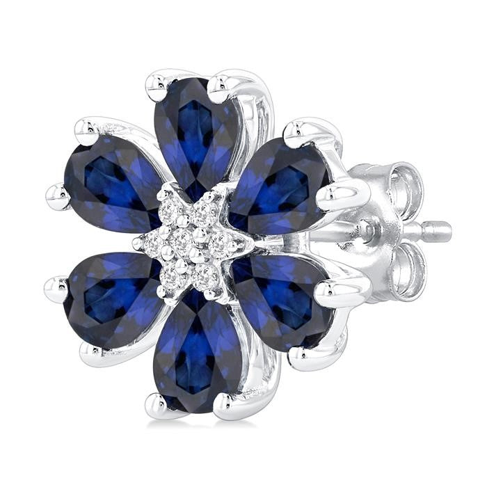 4X3 MM Floral Blossom Pear Cut Sapphire and 1/20 Ctw Round Cut Diamond Precious Stud Earrings in 14K White Gold