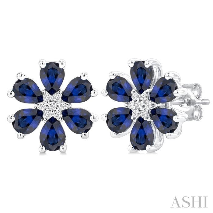 4X3 MM Floral Blossom Pear Cut Sapphire and 1/20 Ctw Round Cut Diamond Precious Stud Earrings in 14K White Gold