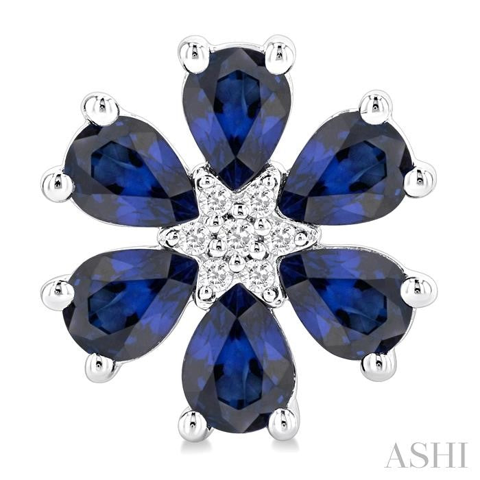 4X3 MM Floral Blossom Pear Cut Sapphire and 1/20 Ctw Round Cut Diamond Precious Stud Earrings in 14K White Gold