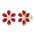 4X3 MM Floral Blossom Pear Cut Ruby and 1/10 Ctw Round Cut Diamond Precious Stud Earrings in 14K Yellow Gold