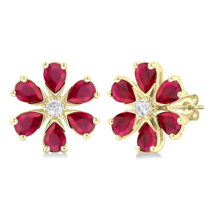 4X3 MM Floral Blossom Pear Cut Ruby and 1/10 Ctw Round Cut Diamond Precious Stud Earrings in 14K Yellow Gold