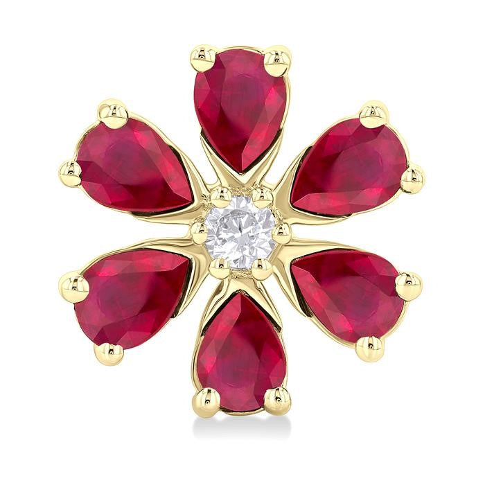 4X3 MM Floral Blossom Pear Cut Ruby and 1/10 Ctw Round Cut Diamond Precious Stud Earrings in 14K Yellow Gold