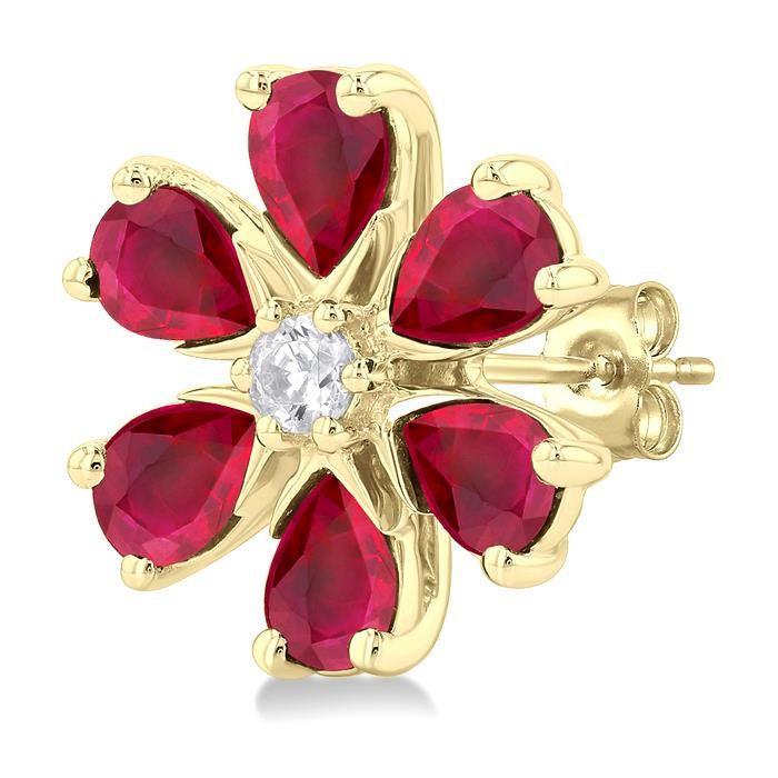 4X3 MM Floral Blossom Pear Cut Ruby and 1/10 Ctw Round Cut Diamond Precious Stud Earrings in 14K Yellow Gold