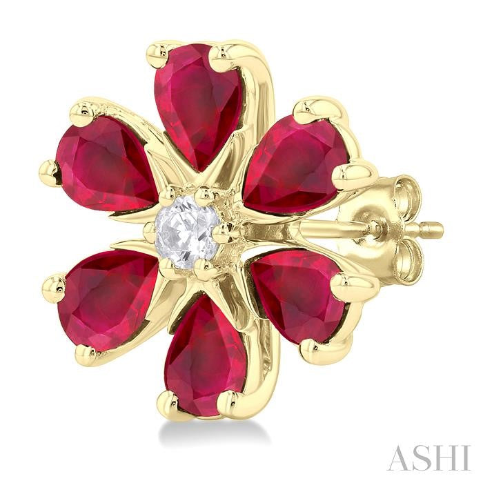 4X3 MM Floral Blossom Pear Cut Ruby and 1/10 Ctw Round Cut Diamond Precious Stud Earrings in 14K Yellow Gold