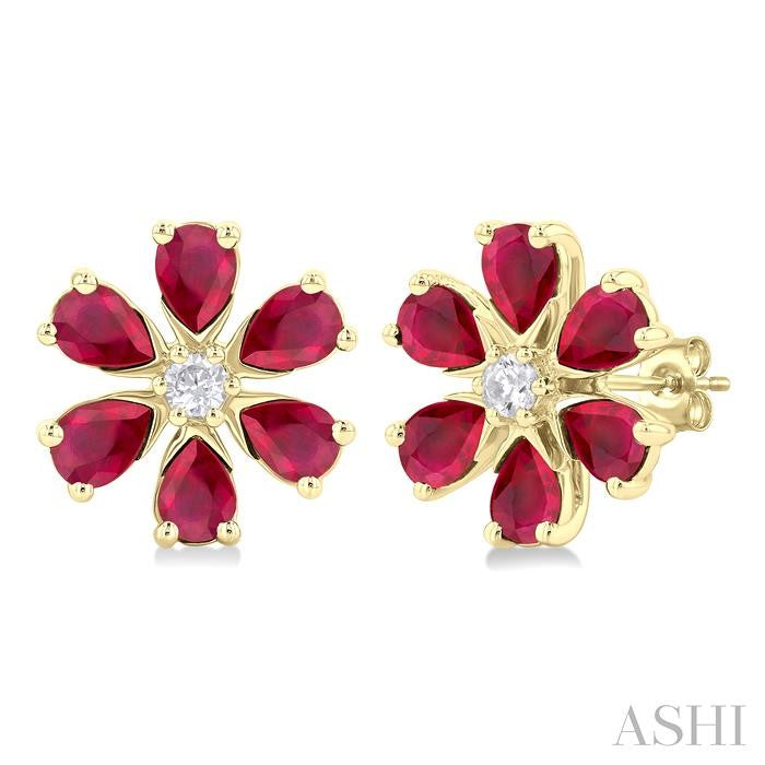 4X3 MM Floral Blossom Pear Cut Ruby and 1/10 Ctw Round Cut Diamond Precious Stud Earrings in 14K Yellow Gold