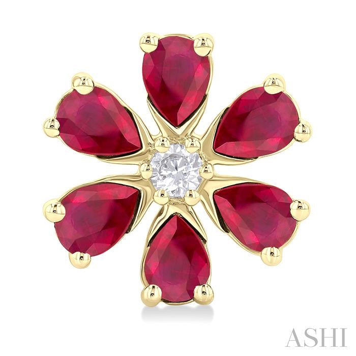 4X3 MM Floral Blossom Pear Cut Ruby and 1/10 Ctw Round Cut Diamond Precious Stud Earrings in 14K Yellow Gold