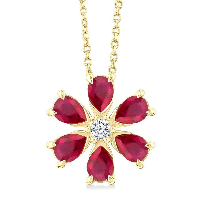 4X3 MM Floral Blossom Pear Cut Ruby and 1/20 Ctw Round Cut Diamond Precious Pendant With Chain in 14K Yellow Gold