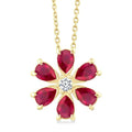 4X3 MM Floral Blossom Pear Cut Ruby and 1/20 Ctw Round Cut Diamond Precious Pendant With Chain in 14K Yellow Gold