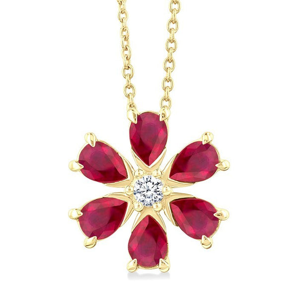 4X3 MM Floral Blossom Pear Cut Ruby and 1/20 Ctw Round Cut Diamond Precious Pendant With Chain in 14K Yellow Gold