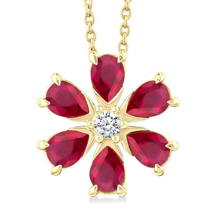 4X3 MM Floral Blossom Pear Cut Ruby and 1/20 Ctw Round Cut Diamond Precious Pendant With Chain in 14K Yellow Gold