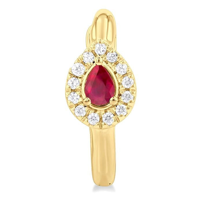 4X3 MM Pear Cut Ruby and 1/10 Ctw Petite Round Cut Halo Diamond Fashion Huggies in 10K Yellow Gold