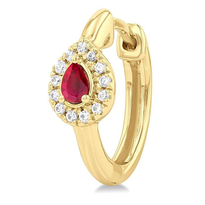 4X3 MM Pear Cut Ruby and 1/10 Ctw Petite Round Cut Halo Diamond Fashion Huggies in 10K Yellow Gold