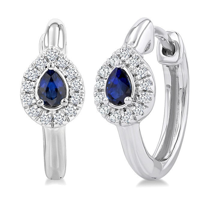 4X3 MM Pear Cut Sapphire and 1/10 Ctw Petite Round Cut Halo Diamond Fashion Huggies in 10K White Gold