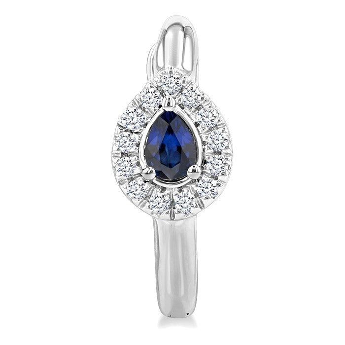 4X3 MM Pear Cut Sapphire and 1/10 Ctw Petite Round Cut Halo Diamond Fashion Huggies in 10K White Gold