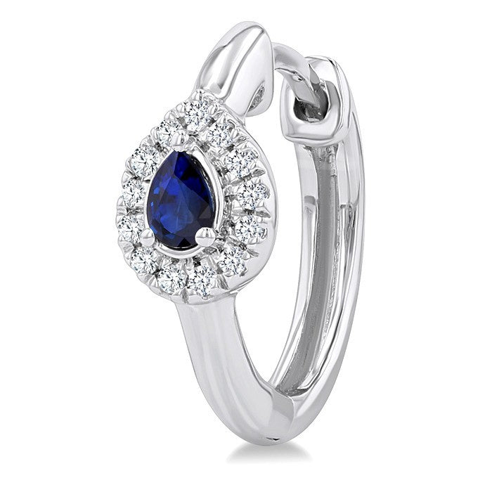 4X3 MM Pear Cut Sapphire and 1/10 Ctw Petite Round Cut Halo Diamond Fashion Huggies in 10K White Gold